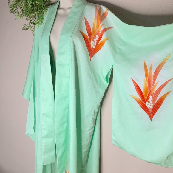 Tsukesage Silk Kimono Robe BEAUTIFUL DETAIL HANDMADE Mint Aqua Seafoam LONG - Picture 1 of 11
